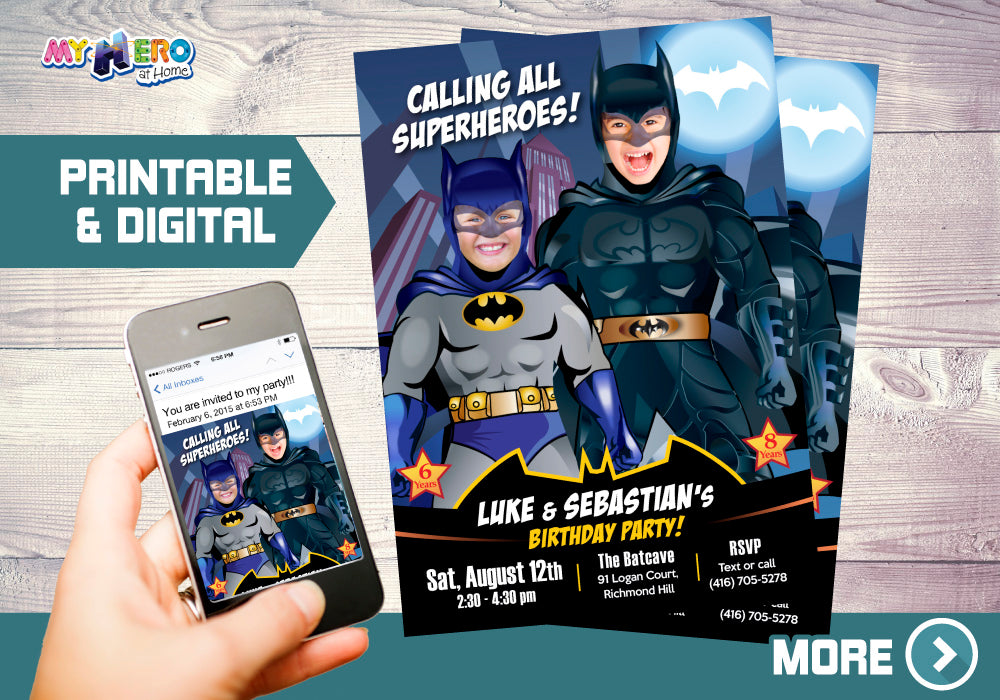Joint Batman party Invitation, Batman Siblings birthday Invitation for 2 boys. 425