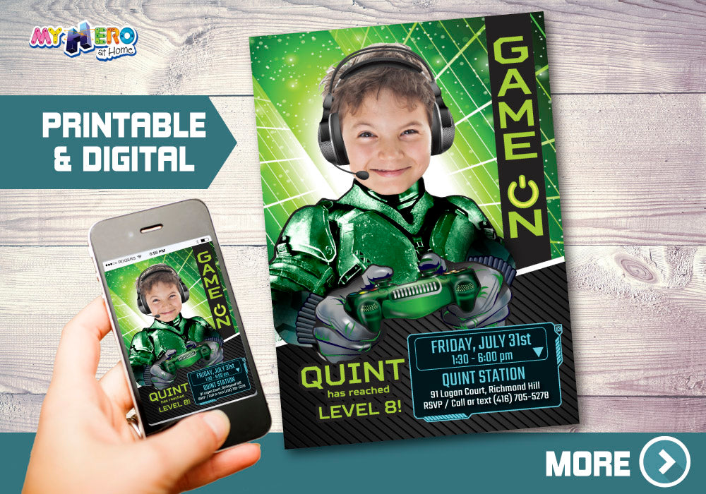 Video Gamers Invitation with your kid as the star, Game On birthday Invitation, Video Games Battle invitation. 432B