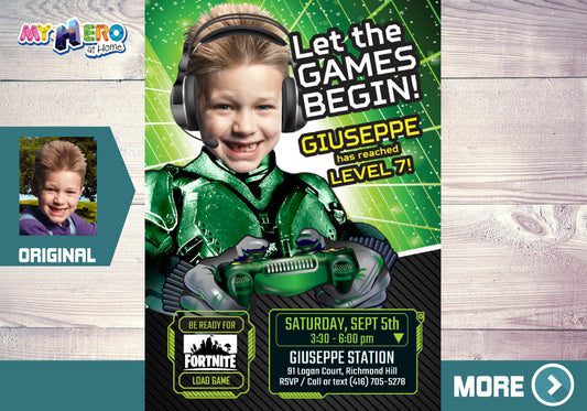 Let the games begin birthday party invitation with your kid as the gamer, Gamers Party Invitation. 432C