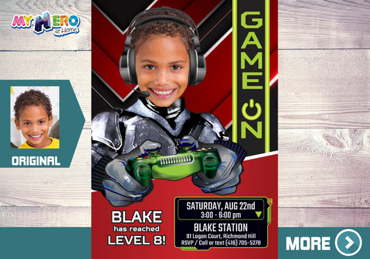 Video Game Level up Gamer Birthday invitation with photo, Game On Birthday template, Video Games Battle Party. 433B