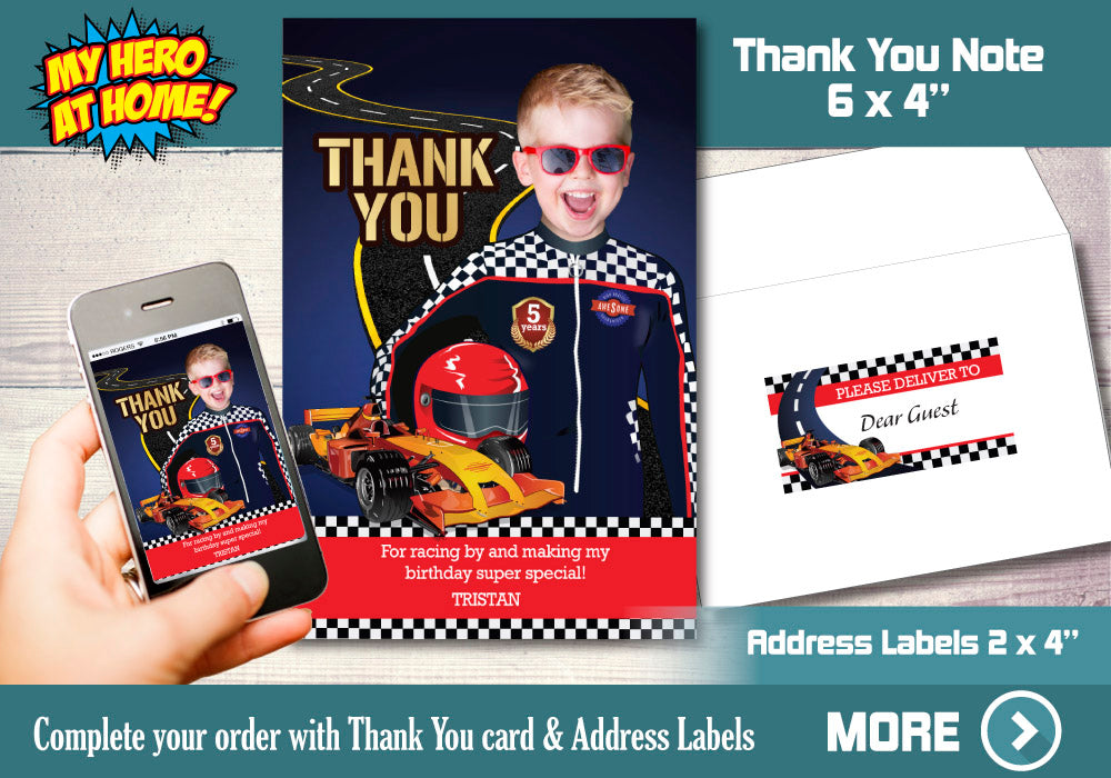 Race Car Party Invitation with photo, Race Car Birthday, Ready Set Go Party Invitation, Race Car thank you. 440C