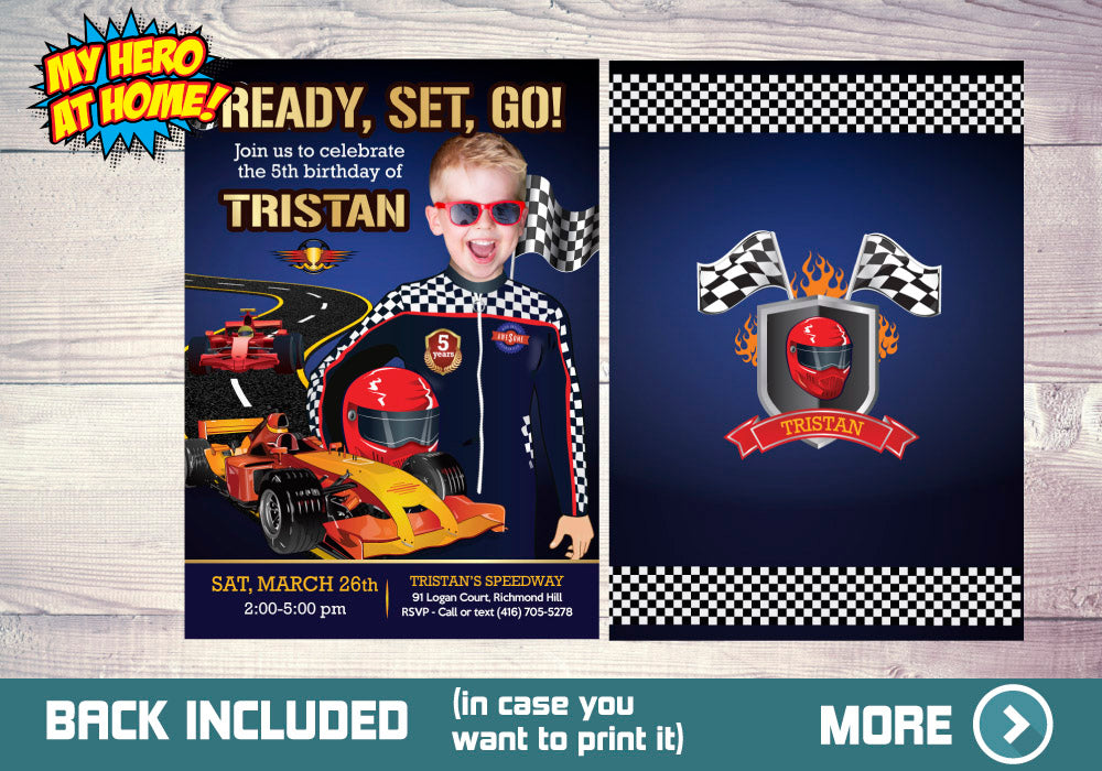 Race Car Party Invitation with photo, Race Car Birthday, Ready Set Go Party Invitation, Race Car thank you. 440C