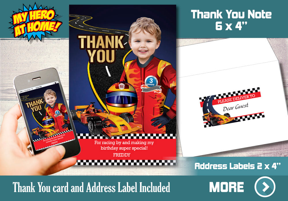Race Car Invitation, Race Car Photo Invitation, Hot Wheels Party, Race Car Theme party, Race Car thank you. 441C