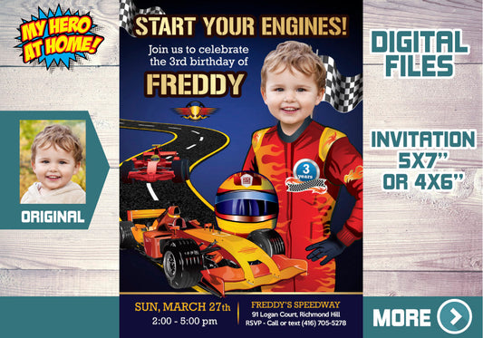 Race Car birthday Invitation with your kid as the Racer star, Hot Wheels Party invitation with photo. 441