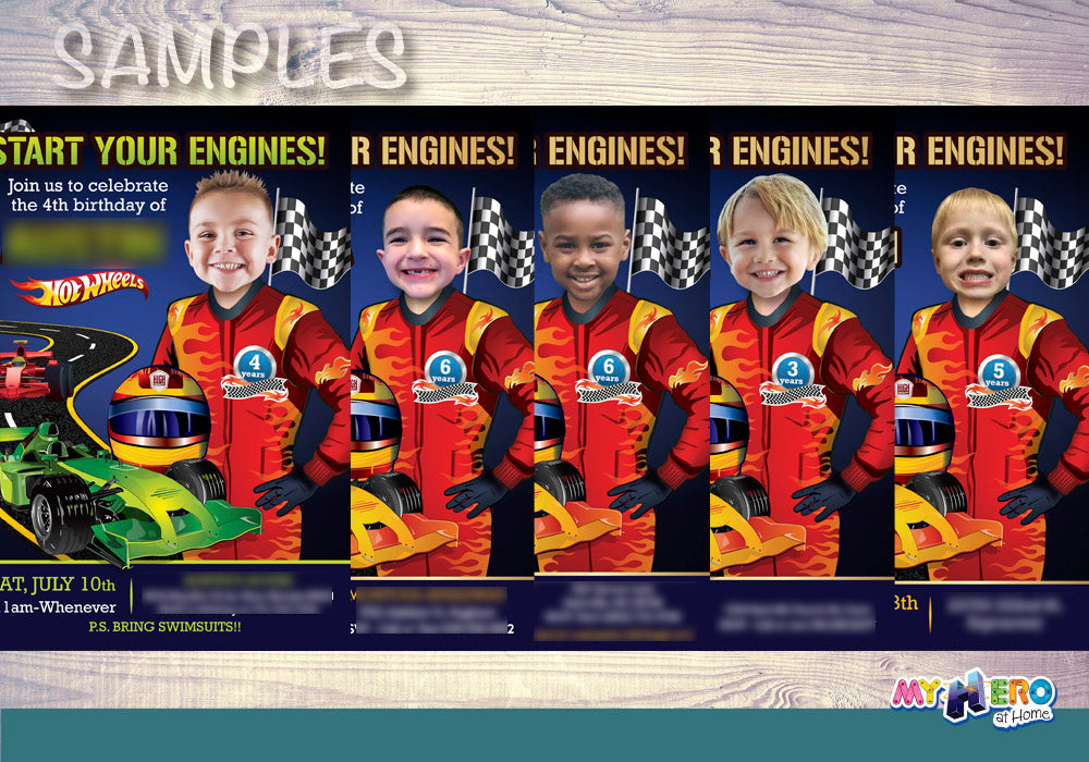 Race Car birthday Invitation with your kid as the Racer star, Hot Wheels Party invitation with photo. 441