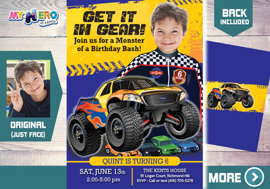 Monster Truck Photo Invitation with your kid as the star, Monster Truck Party template Invitation. 442