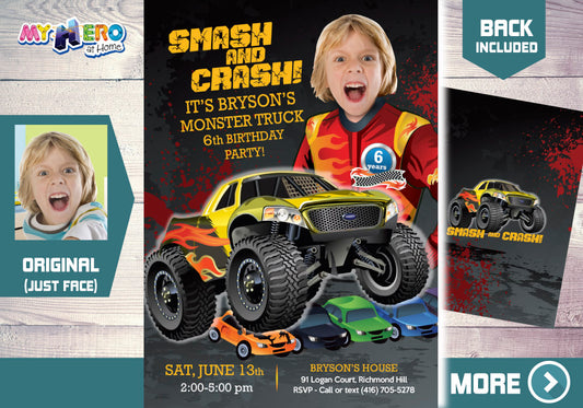 Smash and crash birthday party invitation with photo, Monster jam birthday Invite. 443