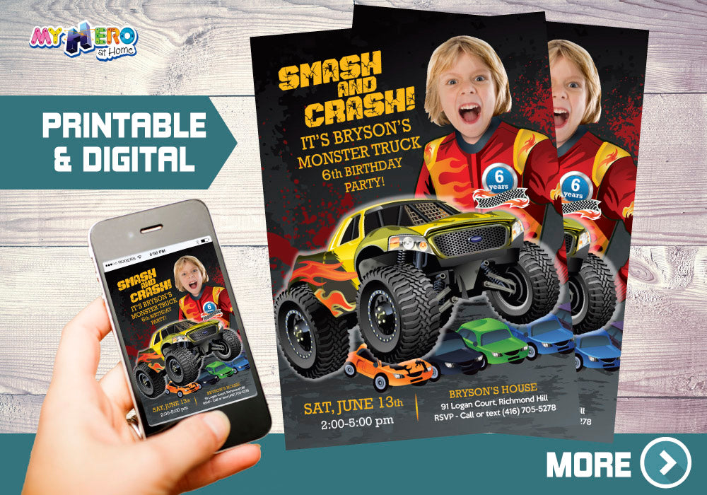 Monster Truck Party Invitation, Smash and crash invitation, Monster Truck Invitation, Monster Truck photo Invitation. 443