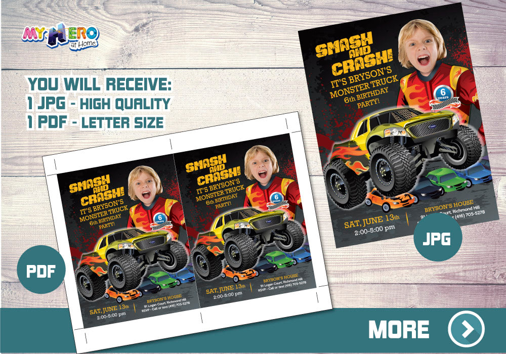 Monster Truck Party Invitation, Smash and crash invitation, Monster Truck Invitation, Monster Truck photo Invitation. 443