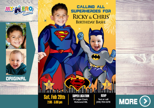 Superman and Batman Invitation. Joint Batman and Superman Invitation. Joint Superman Baby Batman Party. Joint Superheroes Party. 445