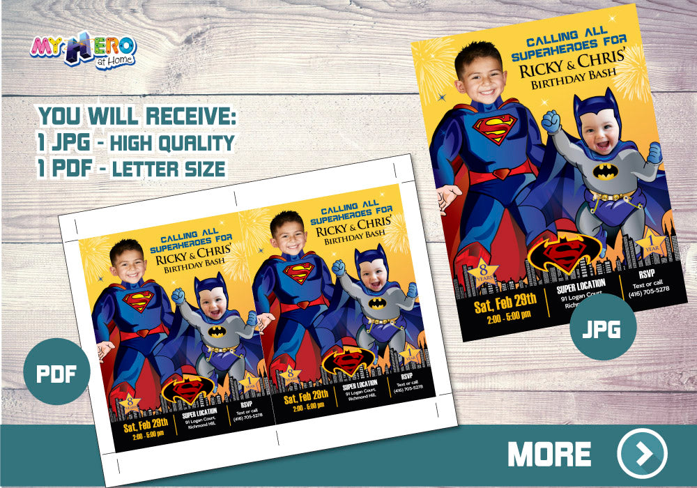 Superman and Batman Invitation. Joint Batman and Superman Invitation. Joint Superman Baby Batman Party. Joint Superheroes Party. 445