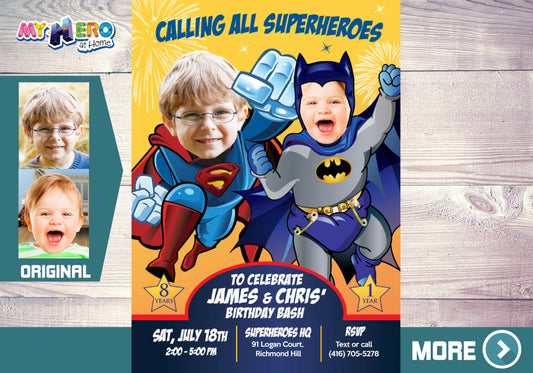 Joint Batman and Superman Invitation. Joint Superheroes Party. Batman and Superman Birthday Invitation. 446