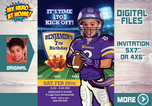 Minnesota Vikings birthday party Invitation with your child as his favorite player, Minnesota Vikings kids theme Party. 448C