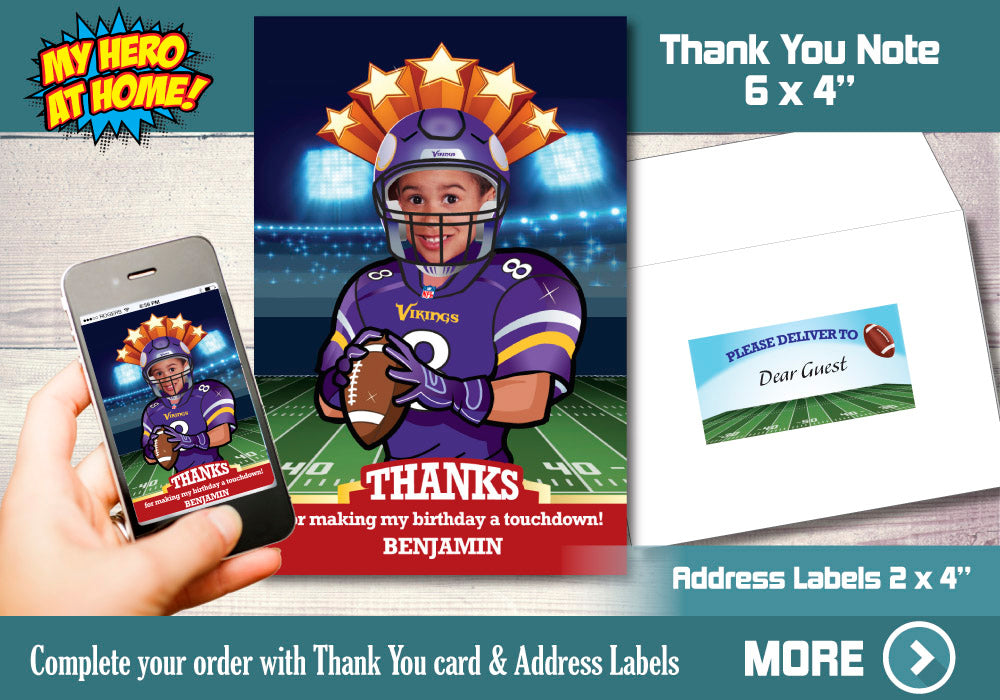 Minnesota Vikings Birthday, Vikings Invitation, Minnesota Vikings theme Party, Minnesota Vikings thank you, Vikings Favors. 448C