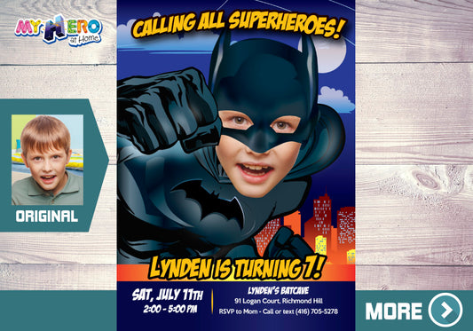 Batman Face Photo Invitation, Batman Birthday party Invite with your kid as Batman. 451