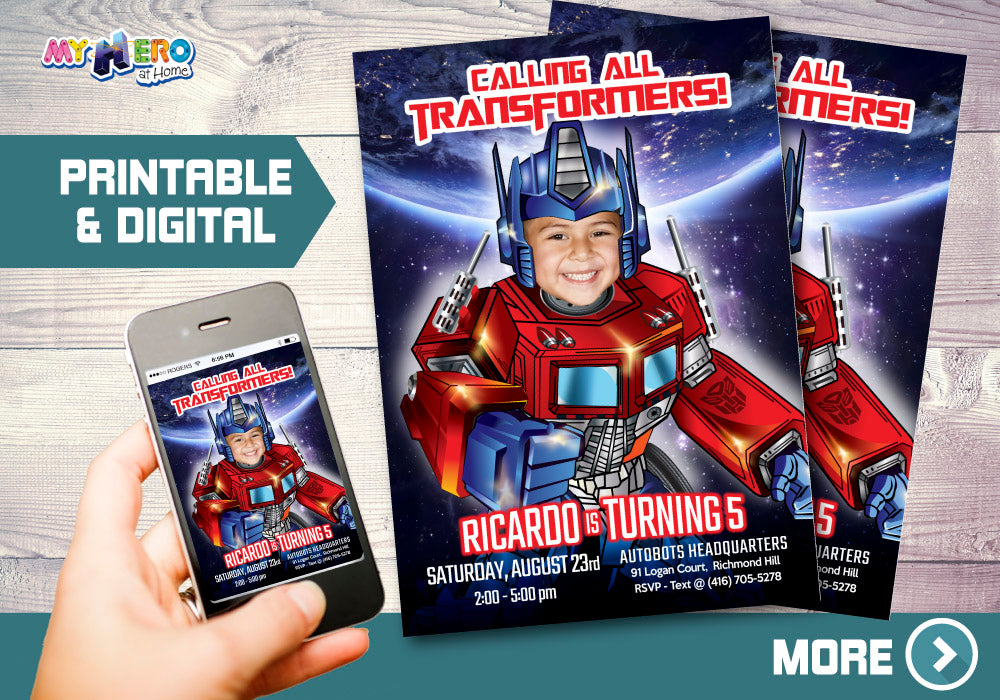 Transformers Birthday Invitation, Optimus Prime Invitation, Optimus Prime theme party. 456