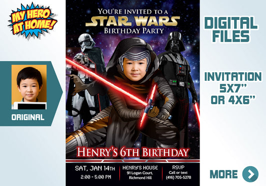 Kylo Ren Party Invitation with photo, Kylo Ren Birthday template, Kylo Ren Theme Party.  457