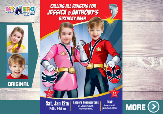 Joint Power Rangers boy and girl Birthday Invitation, Power Ranger Siblings Party. 519