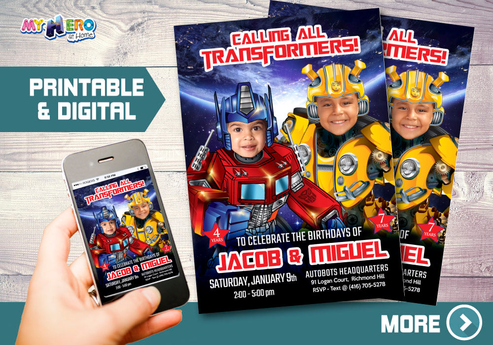 Joint Transformers Birthday Invitation, Transformers Siblings Party, Optimus Prime and Bumblebee Theme Party. 524