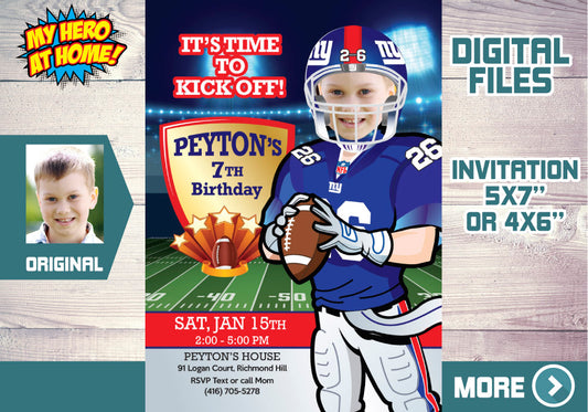 New York Giants birthday party Invitation with your child as his favorite player, New York kids theme party. 531C