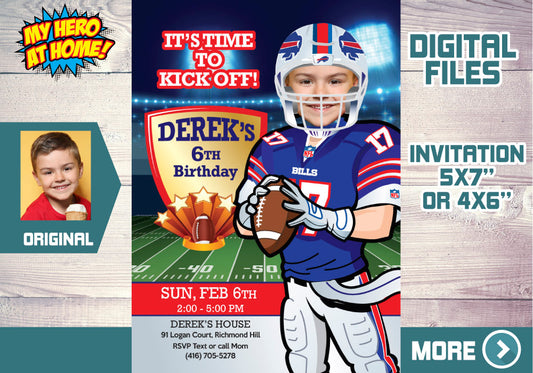 Buffalo Bills birthday Invitation template with your kid as the star, Buffalo Bills child theme party. 532C
