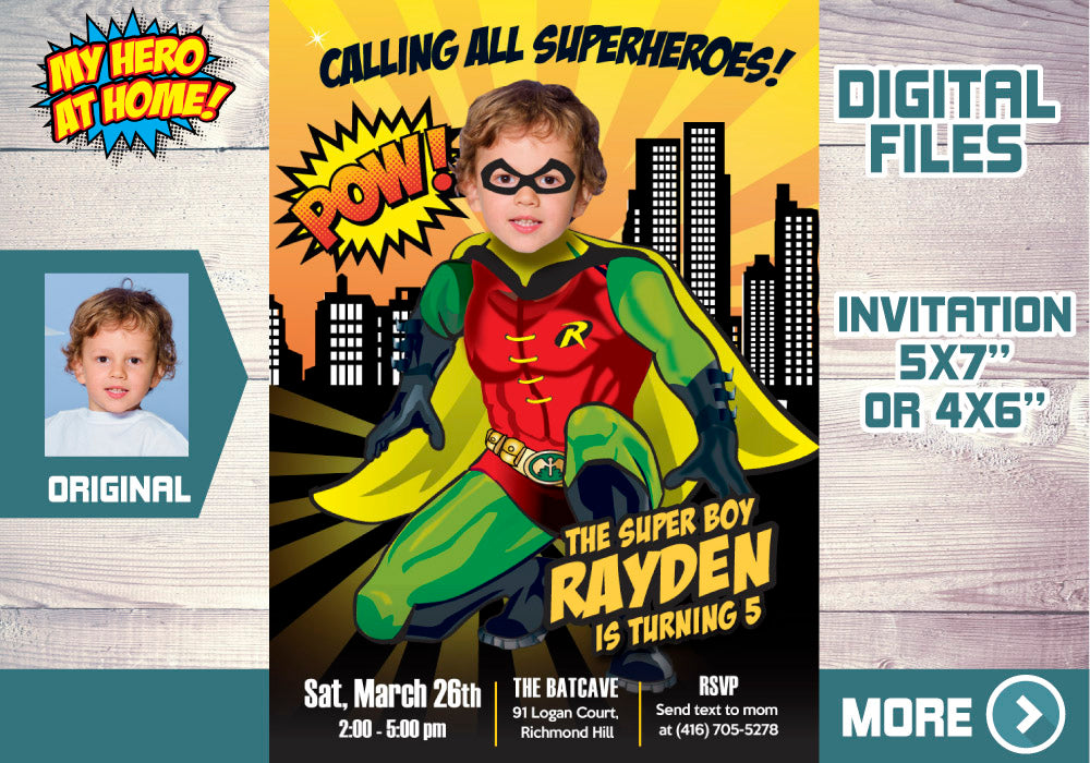 Custom Robin Birthday party Invitation with your photo, Robin theme Party. 542