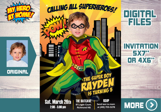 Custom Robin Birthday party Invitation with your photo, Robin theme Party. 542