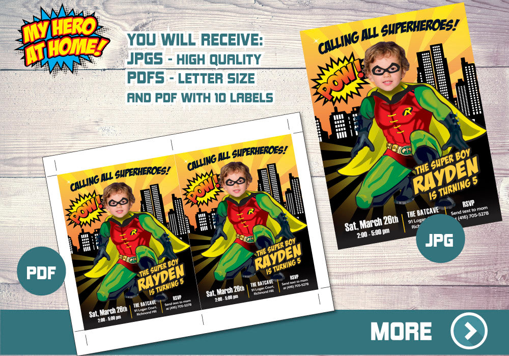 Custom Robin Birthday party Invitation with your photo, Robin theme Party. 542