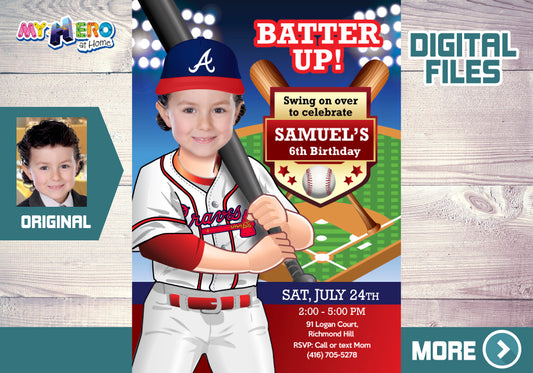 Atlanta Braves Birthday party Invitation with your kid as his favorite player, Braves party photo invitation. 544