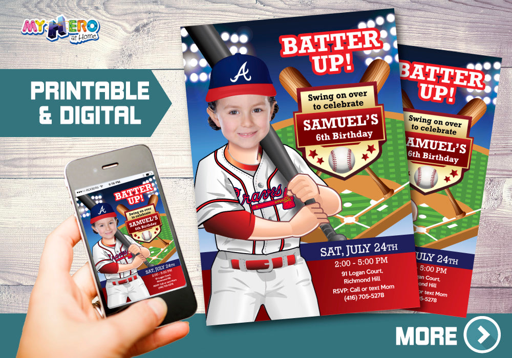 Atlanta Braves Birthday Invitation, Baseball Birthday Invitation, Braves photo invitation, Braves Digital Invitation. 544