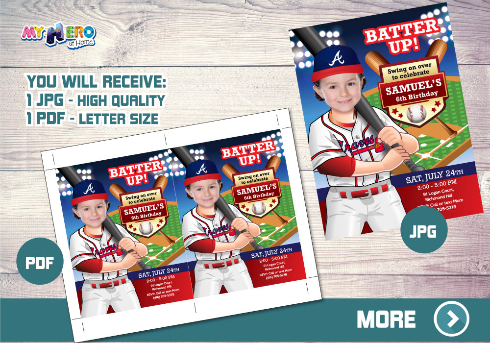 Atlanta Braves Birthday Invitation, Baseball Birthday Invitation, Braves photo invitation, Braves Digital Invitation. 544