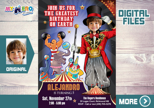 Circus Birthday Invitation, Ringmaster Invitation, Carnival Party Invitation, The greatest show birthday, Circus photo invitation. 546