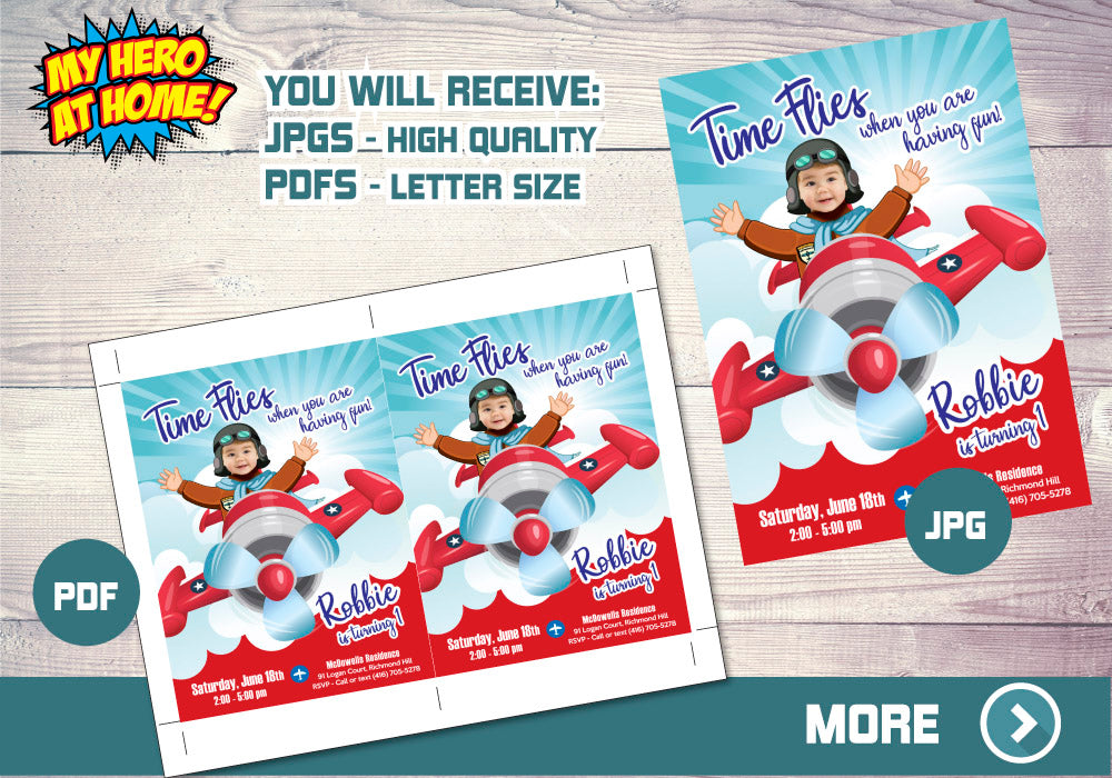 Airplane Invitation, Airplane theme party, Time Flies Invitation, Vintage Plane Invitation, Airplane thank you, Airplane party favors. 547C