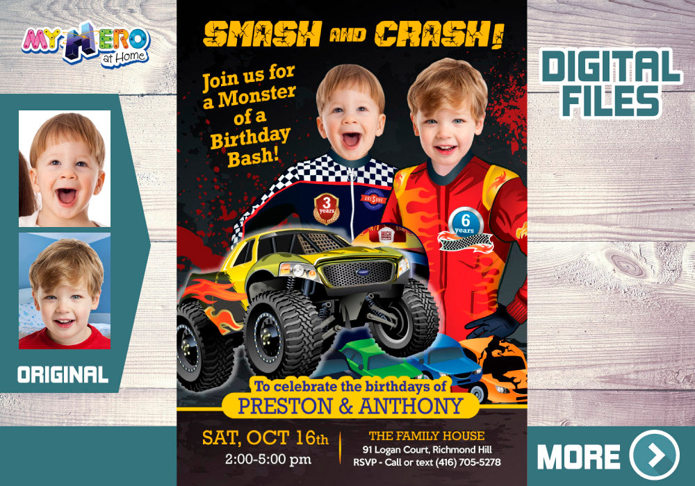 Joint Monsters Trucks Birthday Invitation, Joint Monsters Trucks Digital Invitation, Siblings Monsters Trucks Party. 549