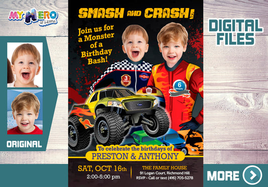 Joint Monsters Trucks Birthday Invitation with your children as the drivers, Siblings Monster Jam Party. 549