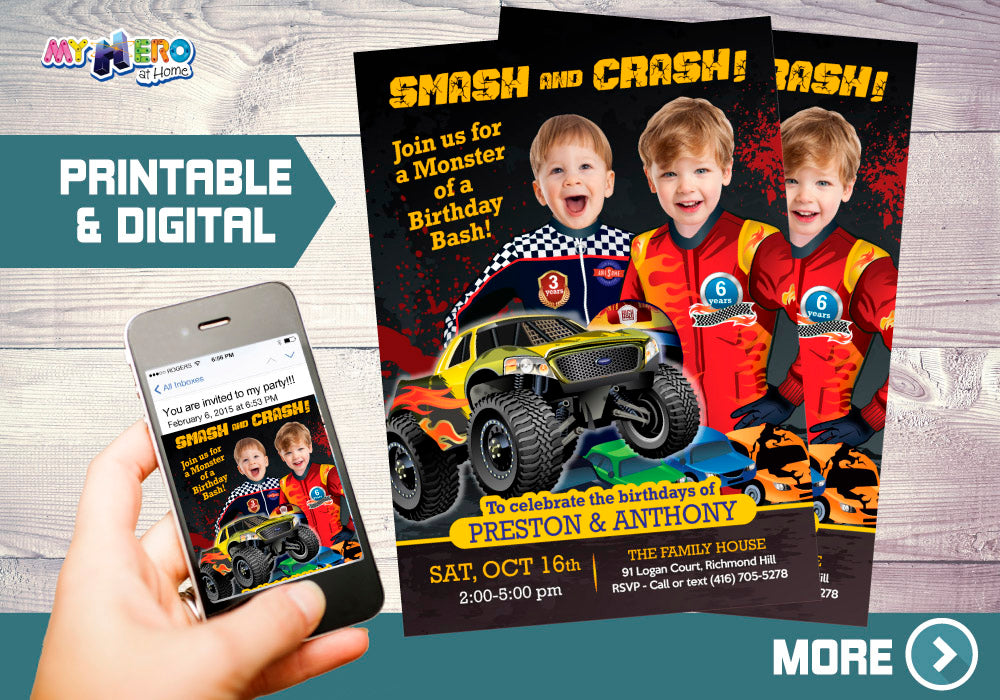 Joint Monsters Trucks Birthday Invitation, Joint Monsters Trucks Digital Invitation, Siblings Monsters Trucks Party. 549