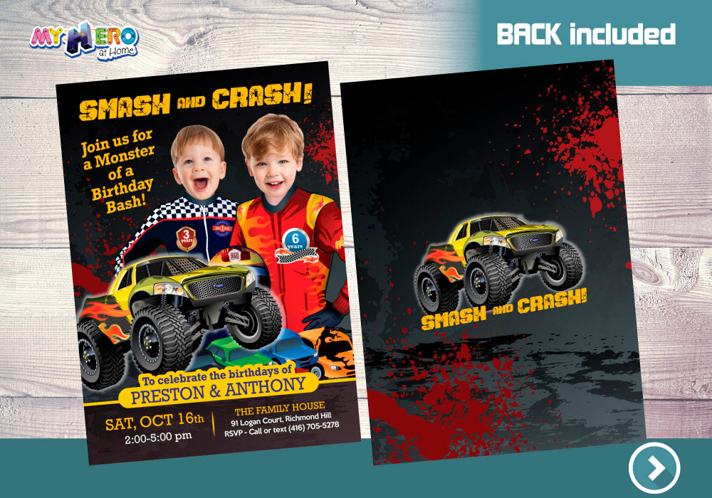 Joint Monsters Trucks Birthday Invitation, Joint Monsters Trucks Digital Invitation, Siblings Monsters Trucks Party. 549