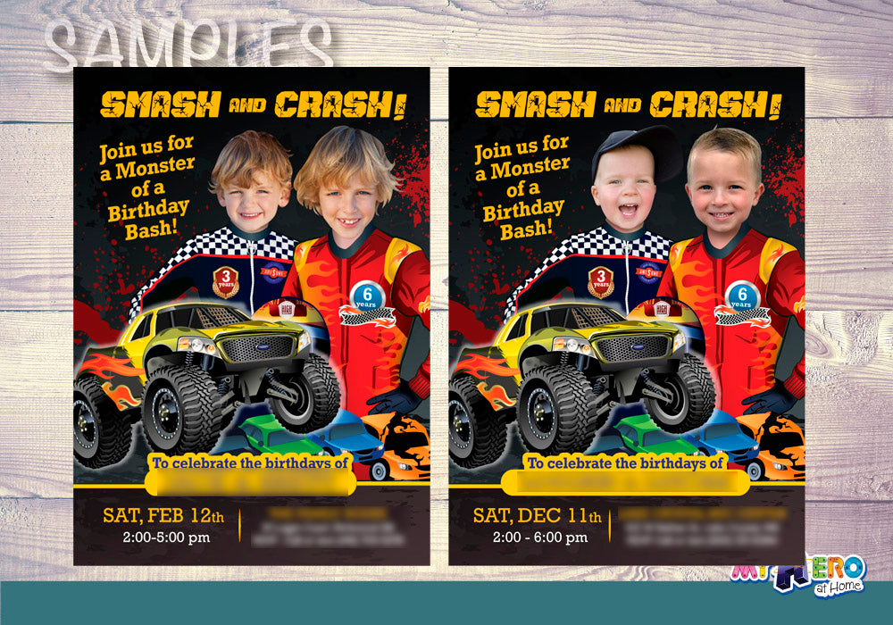 Joint Monsters Trucks Birthday Invitation, Joint Monsters Trucks Digital Invitation, Siblings Monsters Trucks Party. 549