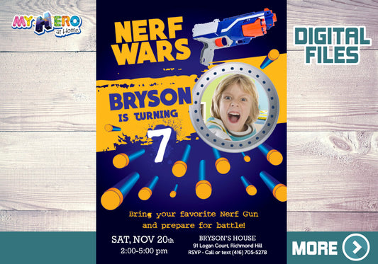Nerf Birthday Invitation with birthday boy photo, Dart Birthday Invite, Nerf Guns party template. 552