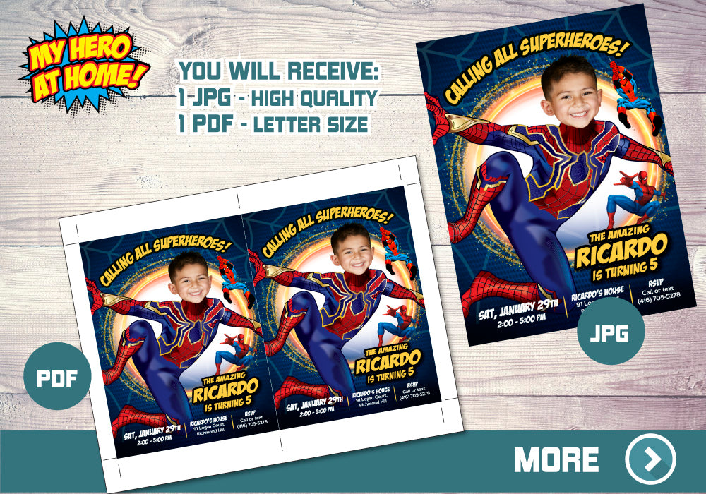 Iron Spider birthday Invitation, Iron Spider photo Invitation, Iron Spider theme party, Iron Spider-man Invitation. 555
