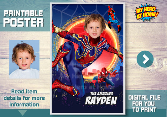 Iron Spider Poster with your kid as Spider-Man, Custom Iron Spiderman Print gift. 557B