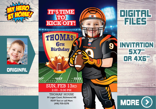 Cincinatti Bengals birthday party Invitation with your child as his favorite player, Bengals Kid Party invitation. 567C