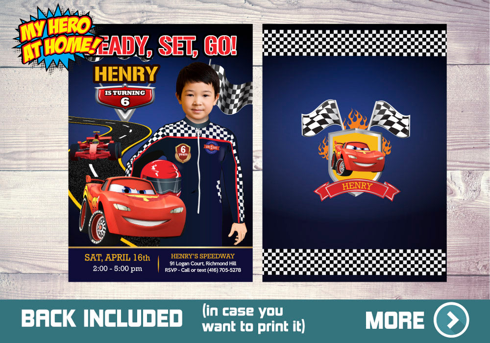 Custom Cars Birthday Invitation, Hot Wheels Birthday, Race Car Lighting McQueen Invitation. 569