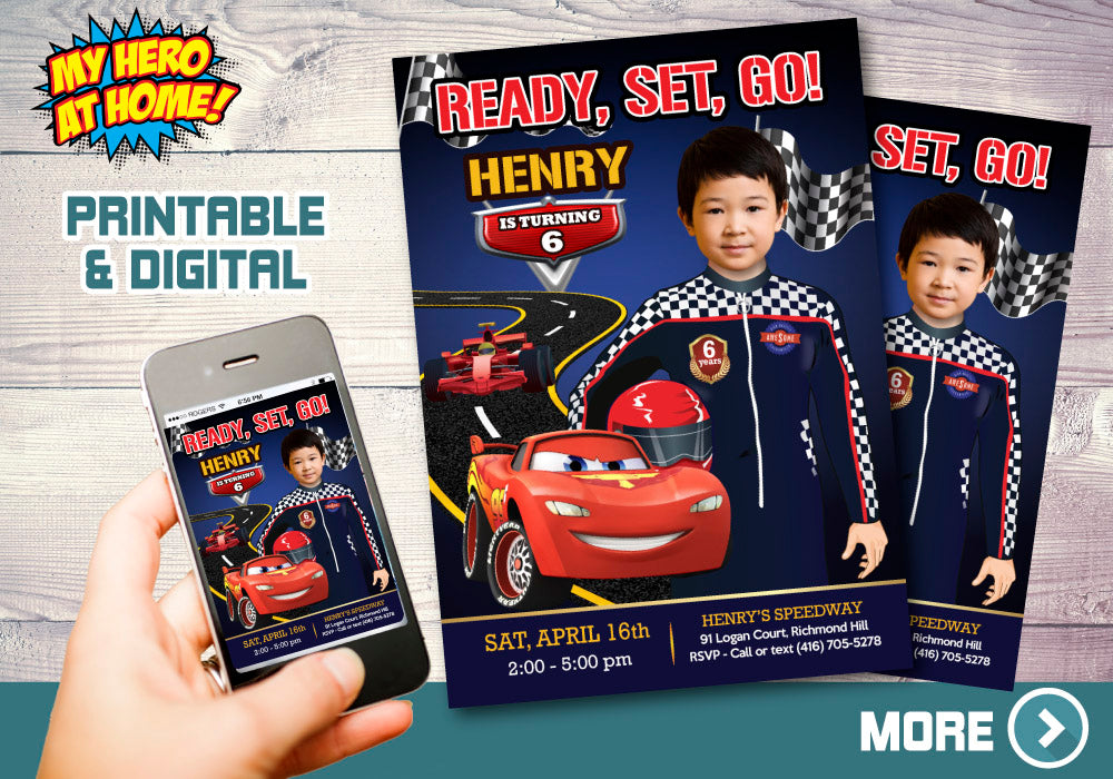 Custom Cars Birthday Invitation, Hot Wheels Birthday, Race Car Lighting McQueen Invitation. 569