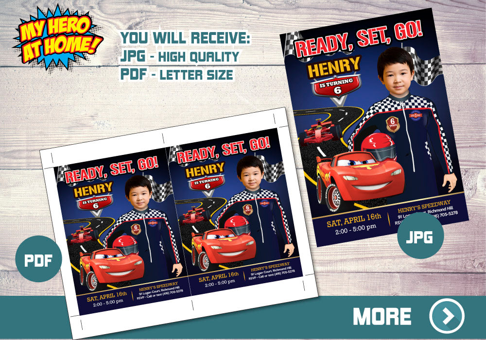 Custom Cars Birthday Invitation, Hot Wheels Birthday, Race Car Lighting McQueen Invitation. 569