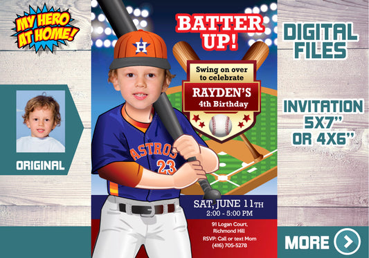 Houston Astros Birthday party Invitation with your kid as his favorite player, Houston Astros kids theme party. 570C