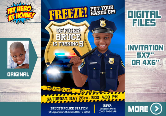 Police Officer Invitation, Police themed birthday, Police Invitation with photo, Police thank you, Police favor tags. 574