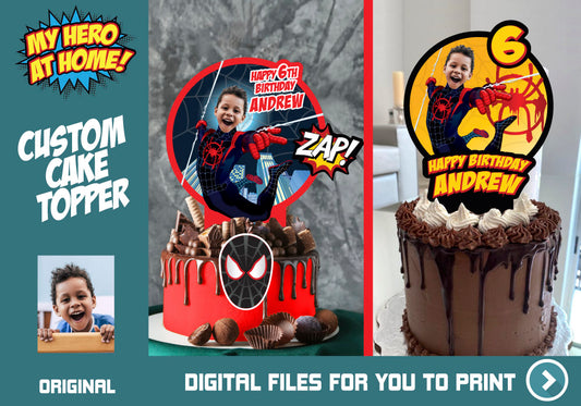 Miles Morales Cake topper with your kid as Miles Morales, Spider-Verse printable cake decoration. 584