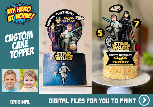 Joint Star Wars Jedi and Darth Vader Cake topper with your photos, Star Wars siblings printable cake decor. 586