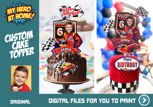 Race Car Cake topper with kid as the star, Personalized Hot wheels Cake topper. 590